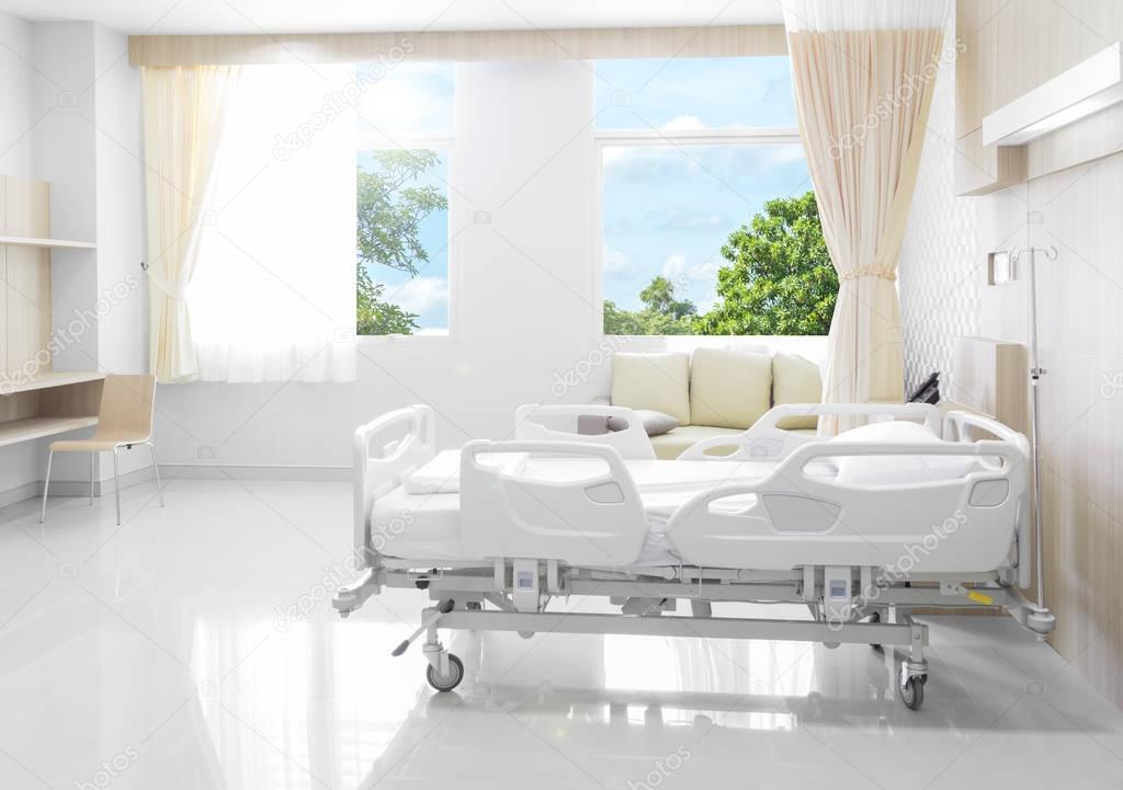 Hospital room with beds and comfortable medical equipped with natural background background