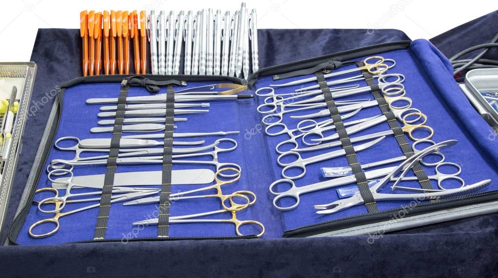 set of surgical tools medical equipment isolated on white background with clipping path
