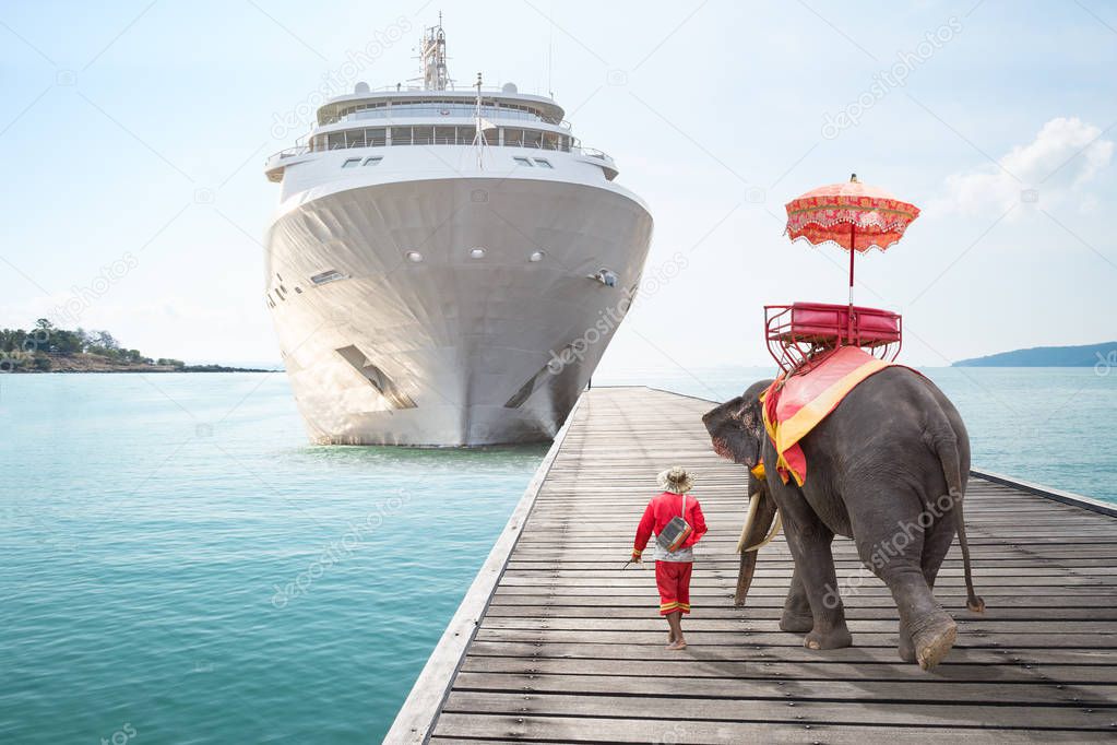 Elephant waiting tourists from cruise ships for ride tour 