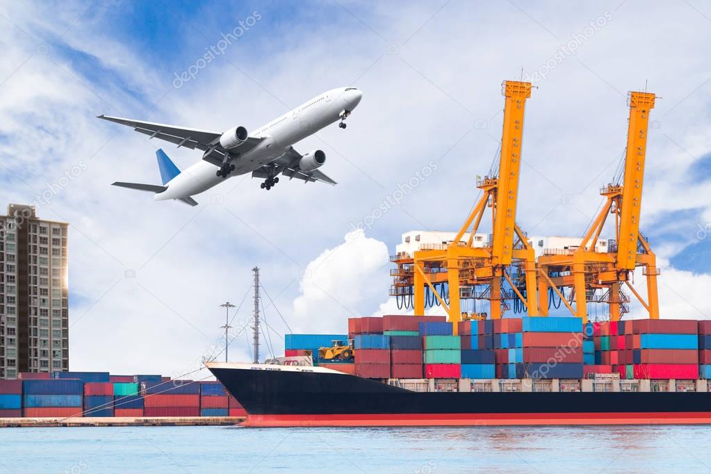 Container cargo freight ship with working crane loading bridge in shipyard for logistic Import export background