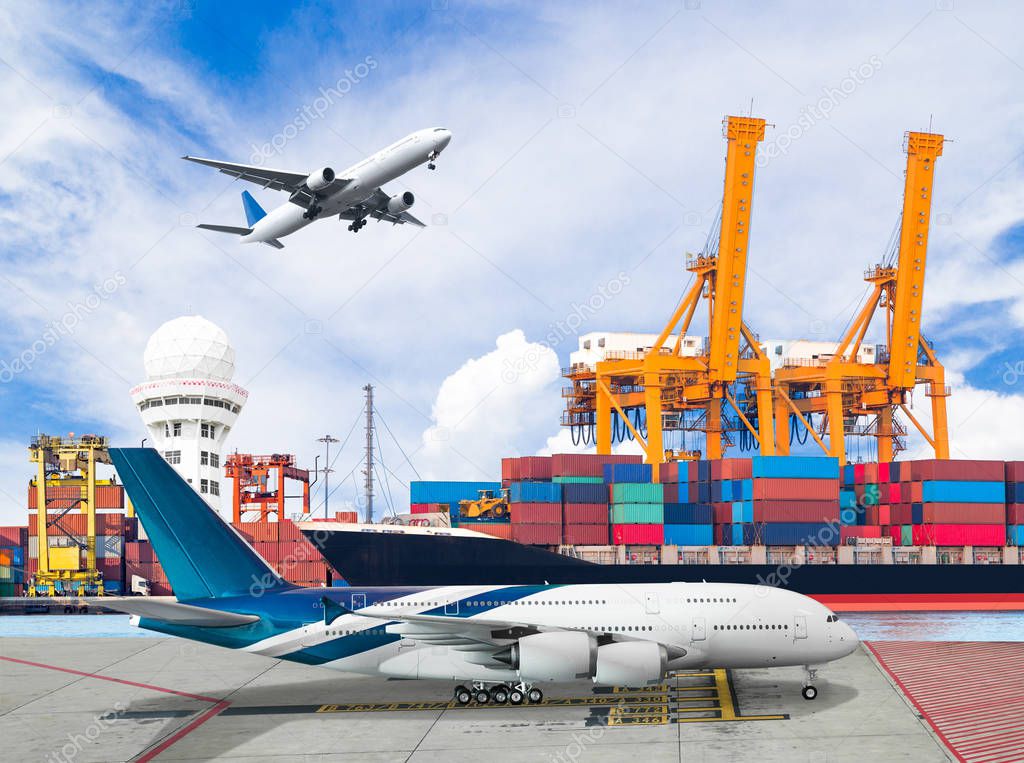 Ship loading container with freight cargo plane in port for logistic import export concept