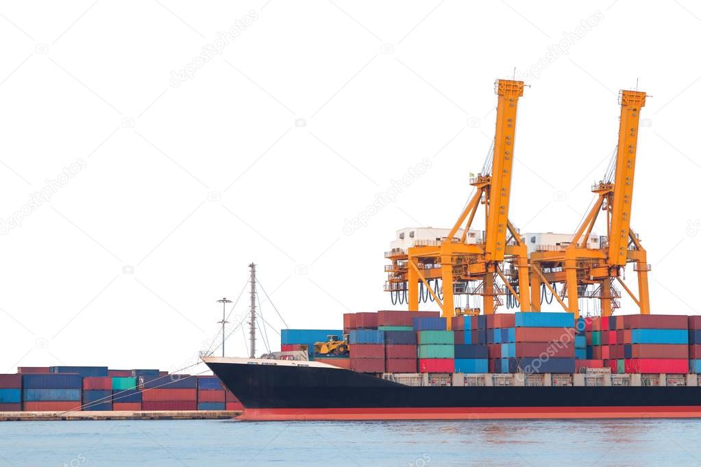 Container cargo freight ship with working crane loading bridge isolated on white background