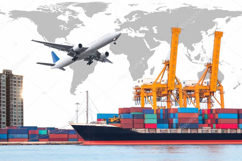 Container cargo freight ship with cargo plane for logistic