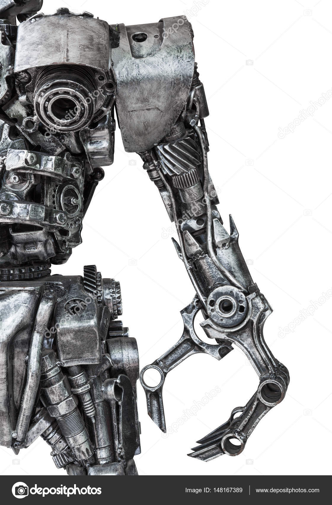Closeup Body of metallic robot made from auto parts — Stock Photo