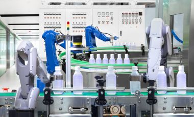 Robotik Kol su şişeleri üzerinde fabrika üretim hattında holding