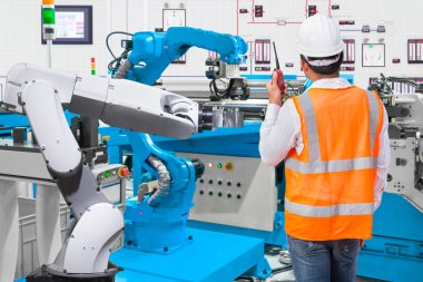 Maintenance engineer control automatic robotic hand machine tool clipart