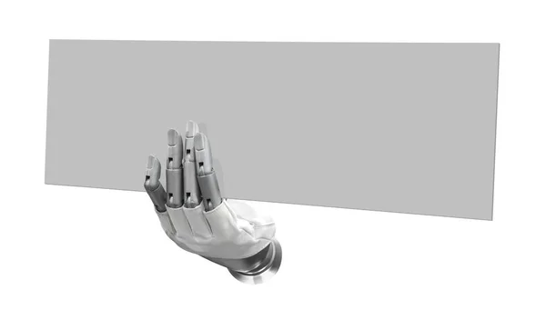 Mão robótica segurando sinal em branco para colocar sua palavra ou logotipo — Fotografia de Stock