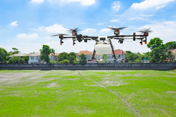 Landwirtschaftliche Drohne fliegt über das grüne Reisfeld in der Nähe des Dorfes — Stockfoto