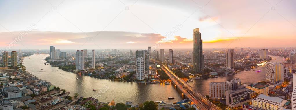 Panorama Bangkok city with chaophraya river at sunset