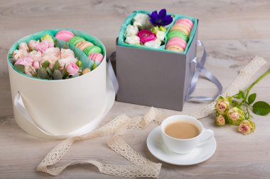 Macaron çerezler ile çiçek kutusu