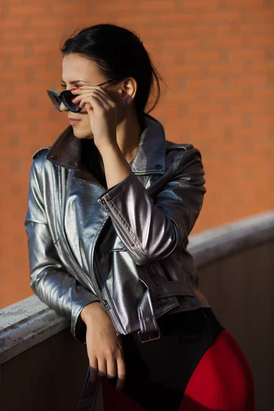 Stylish woman in leather jacket — Stock Photo, Image