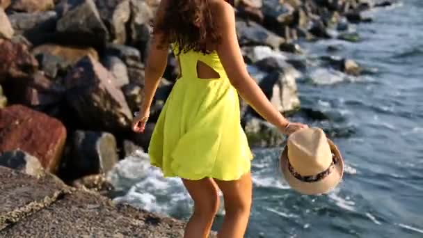 Hermosa joven en el muelle — Vídeo de stock