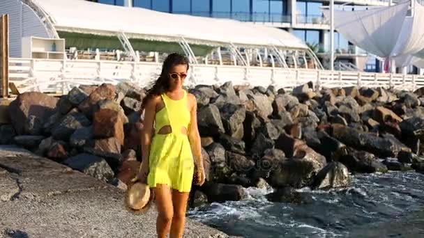 Hermosa joven en el muelle — Vídeo de stock