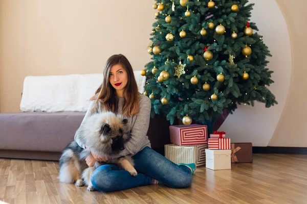 Женщина и собака сидят рядом с елкой — стоковое фото
