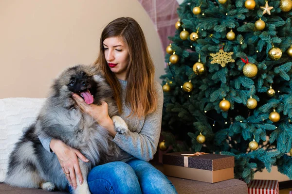 Nő és egy kutya ülő közelében a karácsonyfa — Stock Fotó