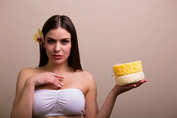 Beautiful Young Woman Holding Set Bath Sponges — Stock Photo, Image