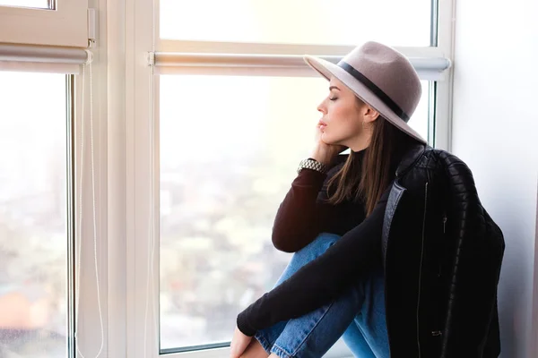 Beautiful Boho Woman Wool Hat Sitting Window — Stock Photo, Image