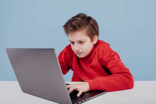 Концентрированный ребенок в красной толстовке, играющий на ноутбуке — стоковое фото