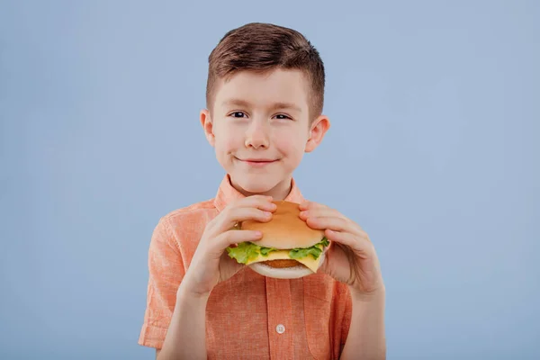 Nice kid with sandwich in hand. looks at the camera, — Stock Photo, Image