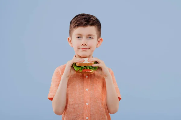 Child, little boy with sandwich in hand. — Zdjęcie stockowe