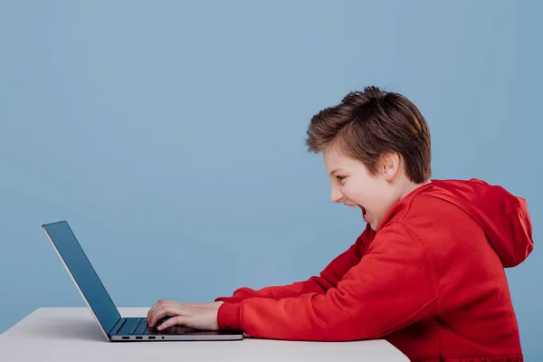 Excited male teenager using laptop in studio — Stok fotoğraf