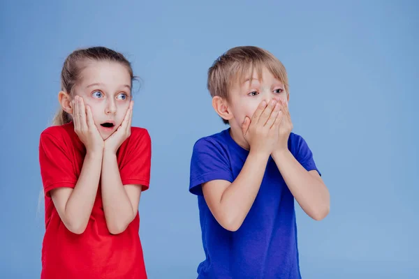 Two scared children with hands on face isolated on blue — Stock Photo, Image