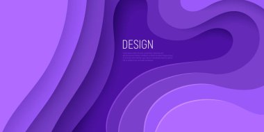 Üç boyutlu sümüksü arka plan ve mor dalga katmanlı mor kağıt kesim afişi. Broşür ve broşür için soyut tasarım. Kağıt sanatı vektör çizimi