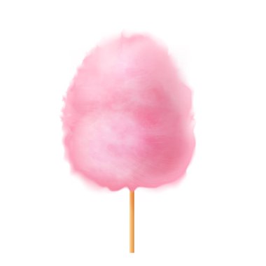 Cotton candy. Realistic pink cotton candy on wooden stick. Summer tasty and sweet snack for children in parks and food festivals. 3d vector realistic illustration isolated on white background clipart