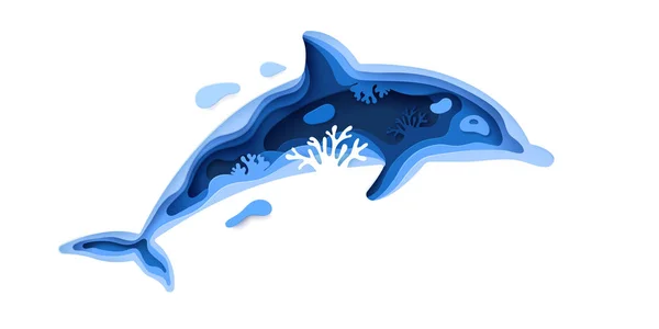 Arte de papel silhueta golfinho subaquático conceito de ambiente oceânico. Papel cortado fundo do mar com golfinhos, ondas e recifes de coral. Salve o conceito de ideia oceânica e ecológica. Ilustração vetorial de artesanato — Vetor de Stock