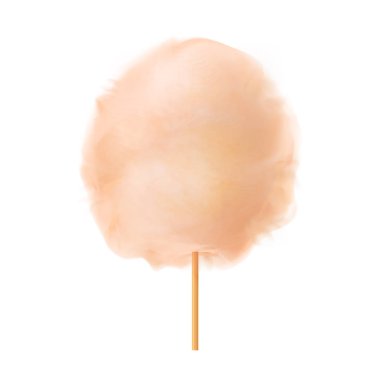 3d cotton candy. Realistic beige cotton candy on wooden stick isolated on white background. Summer tasty and sweet snack for children in parks and food festivals. Vector illustration