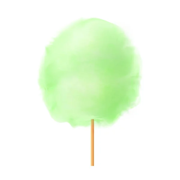 3d cotton candy. Realistic green cotton candy on wooden stick isolated on white background. Summer tasty and sweet snack for children in parks and food festivals. Vector illustration — Stock Vector