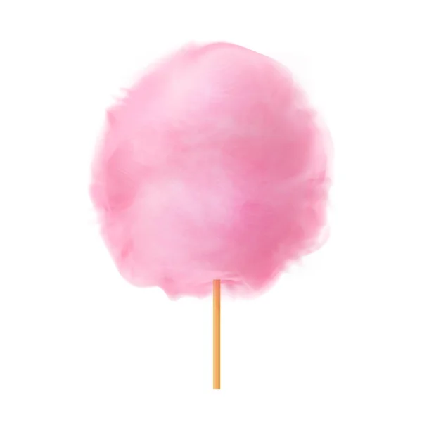 Cotton candy. Realistic pink cotton candy on wooden stick. Summer tasty and sweet snack for children in parks and food festivals. 3d vector realistic illustration isolated on white background — Stock Vector