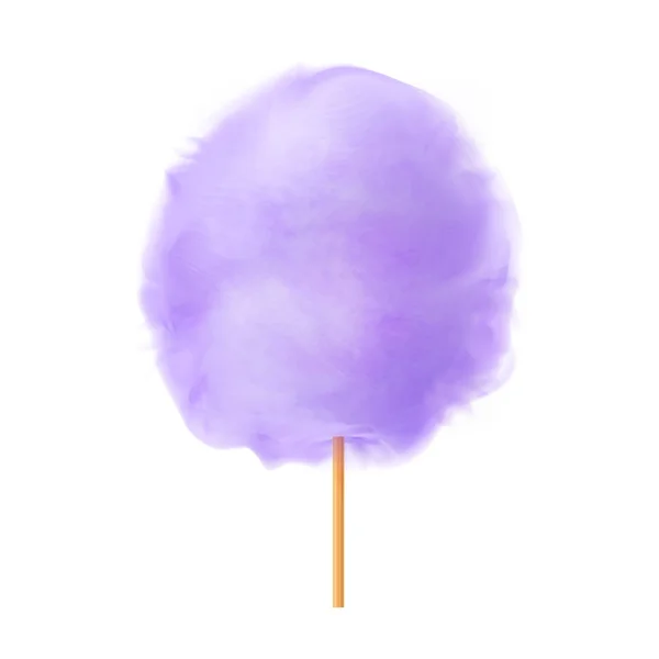 Des barbe à papa. Bonbons réalistes en coton violet sur bâton de bois. Été collation savoureuse et douce pour les enfants dans les parcs et les festivals alimentaires. Illustration vectorielle 3d réaliste isolée sur fond blanc — Image vectorielle