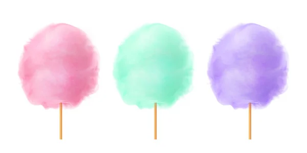 Cotton candy set. Realistic pink green purple cotton candies on wooden sticks. Summer tasty and sweet snack for children. 3d vector realistic illustration isolated on white background — Stock Vector