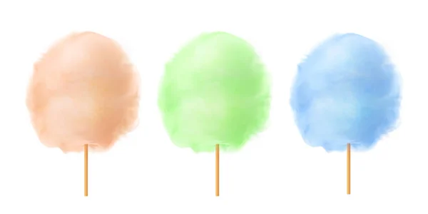 Cotton candy set. Realistic orange, green, blue cotton candies on wooden sticks. Summer tasty and sweet snack for children. 3d vector realistic illustration isolated on white background — Stock Vector