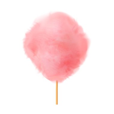 Pamuk şeker. Ahşap çubukta gerçekçi pembe pamuk şeker. Parklardaki ve yemek festivallerindeki çocuklar için yaz tatili ve tatlı atıştırmalıklar. Beyaz arkaplanda izole edilmiş 3d vektör gerçekçi illüstrasyon