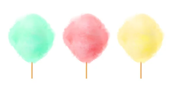 Cotton candy set. Realistic green pink yellow cotton candies on wooden sticks. Summer tasty and sweet snack for children. 3d vector realistic illustration isolated on white background — Stock Vector