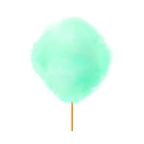 Cotton candy. Realistic green cotton candy on wooden stick. Summer tasty and sweet snack for children in parks and food festivals. 3d vector realistic illustration isolated on white background — Stock Vector