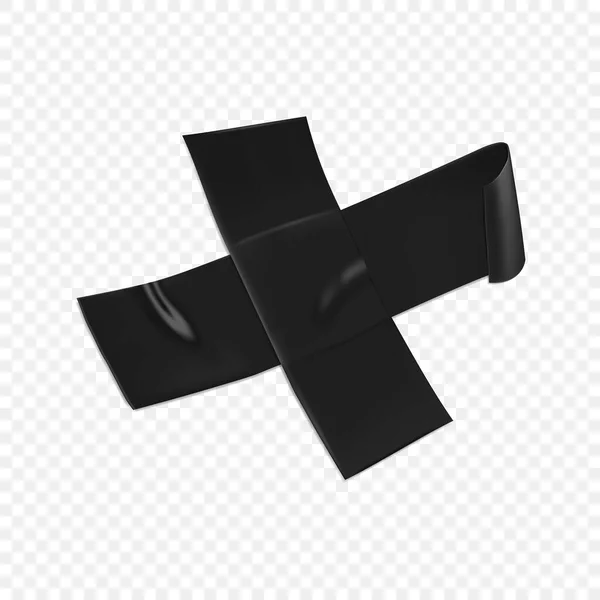 Zwarte duct tape kruis. Realistische zwarte kleefband kruis voor bevestiging geïsoleerd op transparante achtergrond. Scotch kruisen. Realistische 3D vector illustratie — Stockvector
