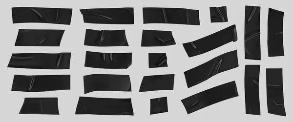 Conjunto de cinta adhesiva negra. Piezas realistas de cinta adhesiva negra para fijar aisladas sobre fondo gris. Papel escocés pegado. Ilustración realista del vector 3d — Archivo Imágenes Vectoriales