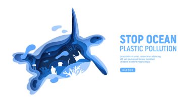 Okyanus plastik kirliliği sayfasında kaplumbağa silueti var. Beyaz zemin üzerinde plastik çöp, balık, baloncuk ve mercan resifleri olan kağıt kesimi kaplumbağa. Kağıt sanatı vektör çizimi.