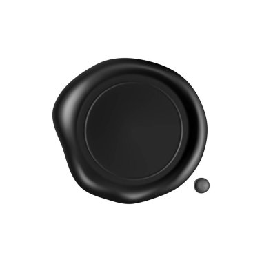 Siyah balmumu mühür. Beyaz zemin üzerinde damlalar olan siyah mühür. Gerçekçi garantili pullar. Gerçekçi 3d vektör simgesi