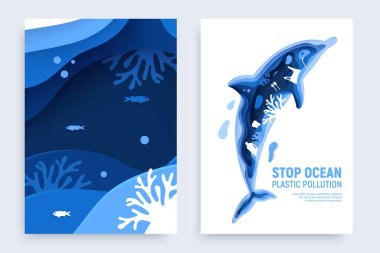 Okyanus plastik kirliliği afişi, yunus siluetiyle kurulmuş. Kağıt kesiği yunus, plastik çöp, balık, baloncuklar ve beyaz arka planda izole edilmiş mercan resifleri. Kağıt sanatı vektör çizimi