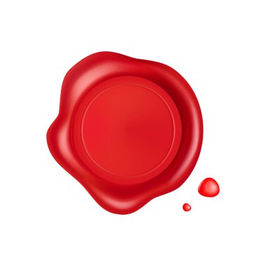 Balmumu mühür. Beyaz zemin üzerinde damlalar olan kırmızı mühür. Gerçekçi garantili kırmızı pullar. Gerçekçi 3d vektör simgesi