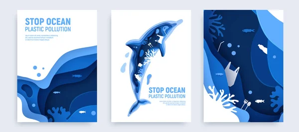 Banner Contaminación Plástica Oceánica Con Silueta Delfín Delfín Cortado Papel — Archivo Imágenes Vectoriales