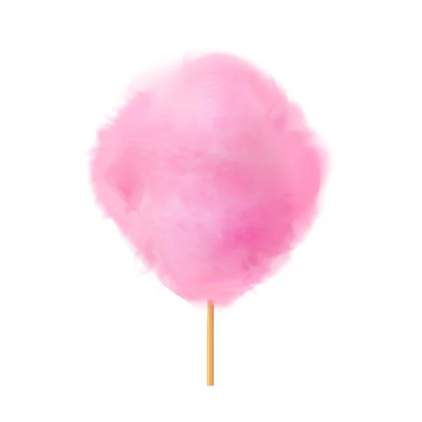 Cotton candy. Realistic pink cotton candy on wooden stick. Summer tasty and sweet snack for children in parks and food festivals. 3d vector realistic illustration isolated on white background — Stock Vector