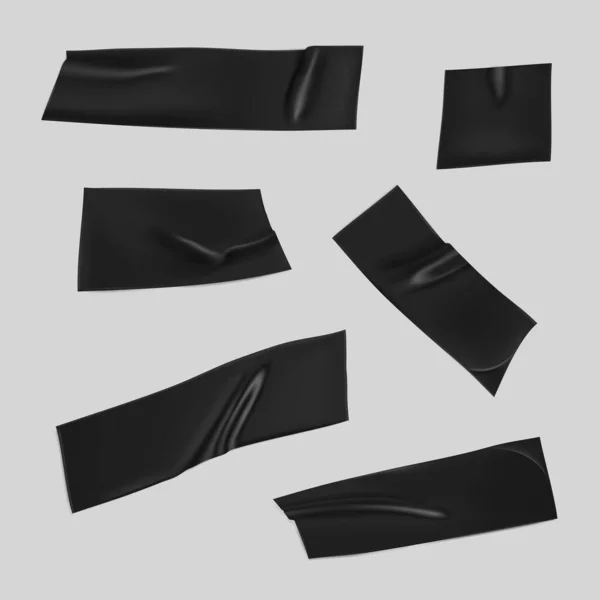 Μαύρο σετ μονωτικής ταινίας. Ρεαλιστική μαύρη κολλητική ταινία κομμάτια για τη στερέωση απομονώνονται σε γκρι φόντο. Ουίσκι χαρτί κολλημένο. Ρεαλιστική τρισδιάστατη διανυσματική απεικόνιση — Διανυσματικό Αρχείο