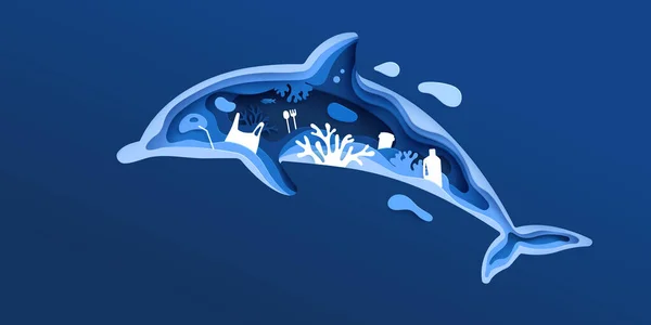 Concept de pollution plastique des océans. Papier découpé dauphin avec déchets plastiques, poissons, bulles et récifs coralliens isolés sur fond bleu classique. Sauver le concept de l'océan. Illustration vectorielle d'art papier — Image vectorielle