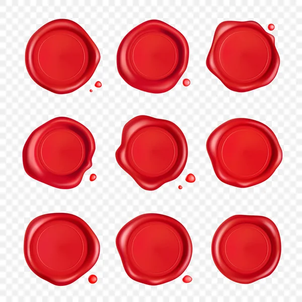 왁스 봉인 수집 품이야. 붉은 우표 밀랍 봉합선은 투명 한 배경에 분리 된 방울들로 되어 있다. 실제적으로 보장 된 붉은 우표. 현실적 인 3d 벡터 — 스톡 벡터