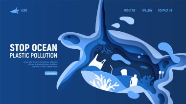 Okyanus plastik kirliliği sayfasında kaplumbağa silueti var. Klasik mavi arka planda plastik çöp, balık, baloncuk ve mercan resifli kağıt kesimi kaplumbağa. Okyanus vektörünü koru